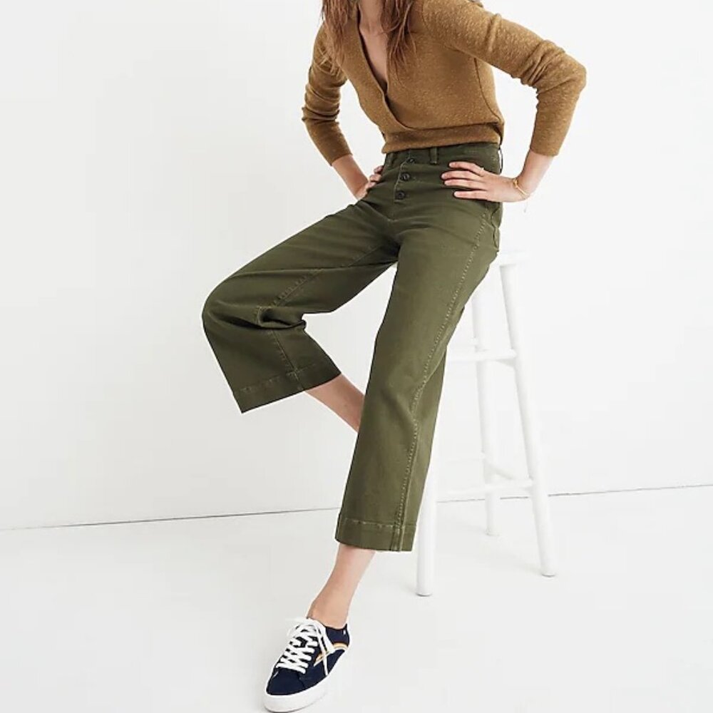 Madewell Emmett Wide-Leg Crop Pants Army Green Button-Front Edition Size 28